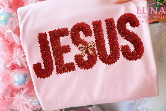 Glitter Hook Yarn Faux Embroidery Jesus T-Shirt Designs
